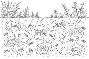 Detailed Ant Colony Cross-Section Coloring Page - Insect Life Educational Line Art for Adults & Children