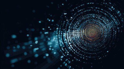 Fototapeta premium Abstract digital tunnel with glowing particles and concentric circles, suggesting depth and movement.