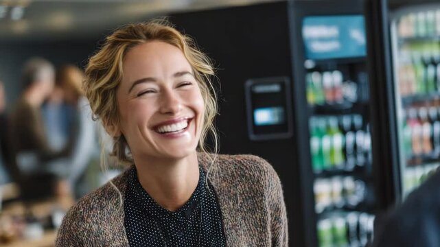 Smiling Young Woman Engaging in Conversation in a Modern Office Environment with Vending Machine