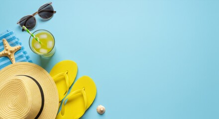 Summer vacation essentials on blue background with copy space. Beach accessories including straw hat, sunglasses, flip flops, and refreshing drink. Tropical holiday concept for travel and relaxation.