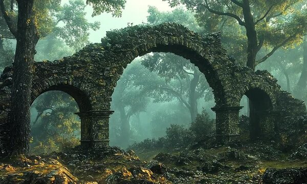 Ancient stone arches covered in moss, surrounded by a misty forest with lush greenery
