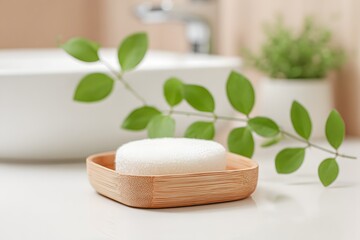 Natural Soap Bar: A pristine bar of natural soap sits gracefully in a wooden dish, surrounded by fresh green leaves, promising a luxurious and rejuvenating bathing experience. The soft.