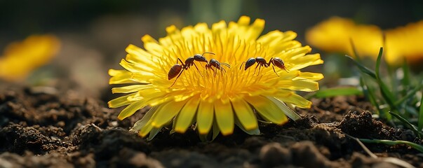 Dandelion with ants on a sunny day
