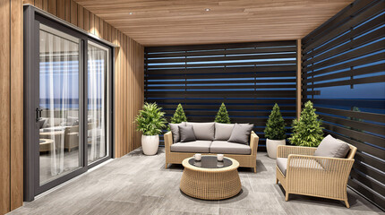 Fototapeta premium A comfortable outdoor seating area is situated on a modern balcony.