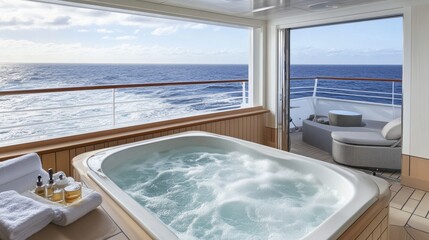 Relaxing Spa Experience with Hot Tub Overlooking Serene Ocean View from Luxury Cruise Cabin