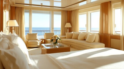 Fototapeta premium Luxurious Spacious Bedroom with Panoramic Ocean Views and Elegant Decor in Daylight