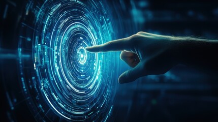 A hand touches a glowing, swirling vortex of digital data, suggesting connection and futuristic technology