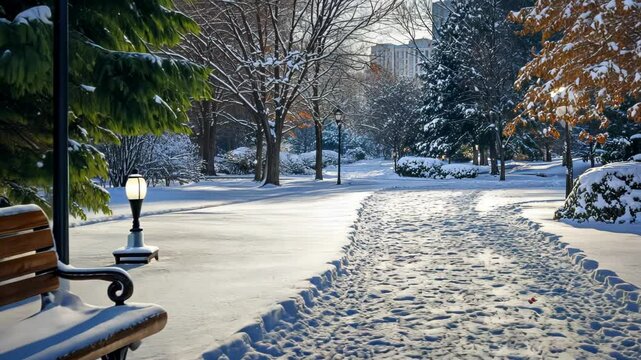 Snowy park path with bench, winter scene