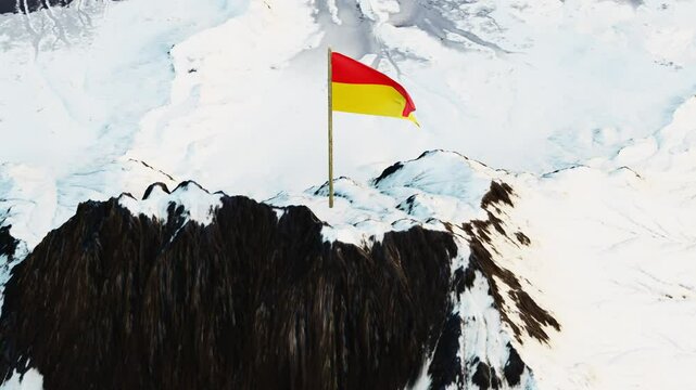 Dynamic 3D animation showcasing the Grand Duchy of Baden's historical flag with yellow-red-yellow horizontal bands, fluttering atop a snowy mountain summit, embodying historical significance and unity