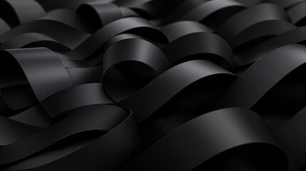 Dark, flowing ribbons cascade across a black surface creating an abstract .