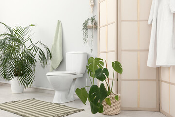 Interior of stylish restroom with ceramic toilet bowl, houseplants and folding screen