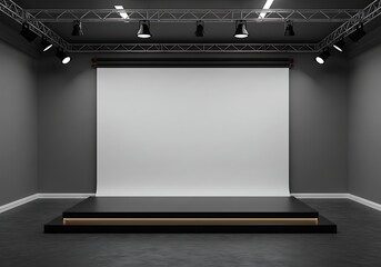 Contemporary presentation space with platform, lighting and large white backdrop