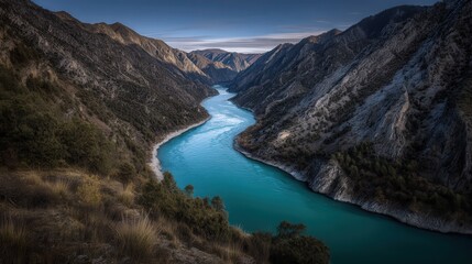Turquoise river winds through steep, shadowed mountains under a dramatic sky. A stunning landscape of rugged beauty and serene waters
