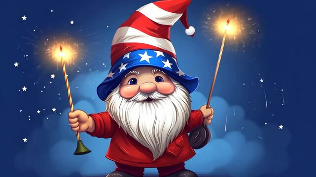 Congratulations 4th of July on America's independence Along with the Dwarf, cute cartoon illustration. dwarf cap color American flag with fireworks in his hand blue background. Generative 4k video.