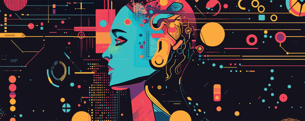 Colorful abstract digital art of a woman's profile with geometric patterns and bright shapes.