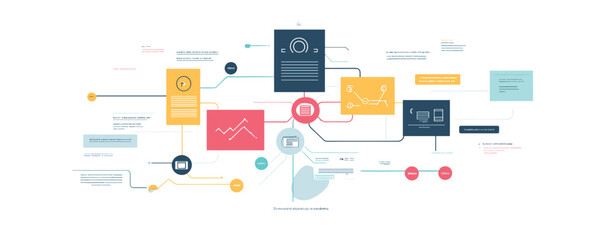 Colorful infographic with flowchart of connected data points and information boxes.