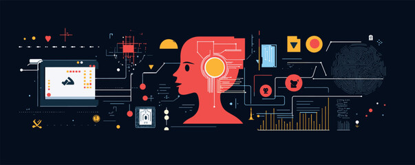 Obraz premium Futuristic artificial intelligence concept with human profile and digital elements.