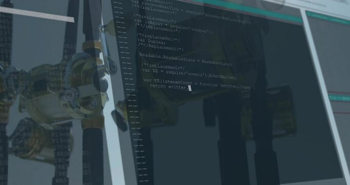 Brass valve assembly being rendered in 3D scene, with black hoses, pipes, code overlay and scale