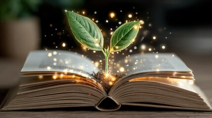 An open book with a sprouting plant symbolizes growth and knowledge.