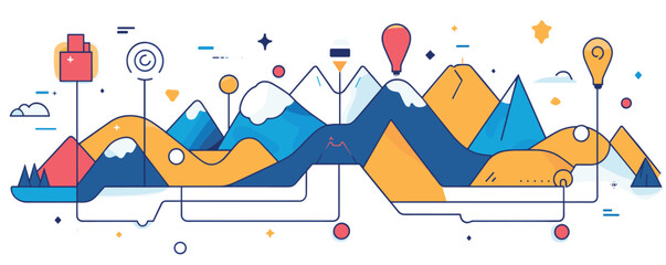 Abstract geometric landscape with stylized mountains and creative elements.