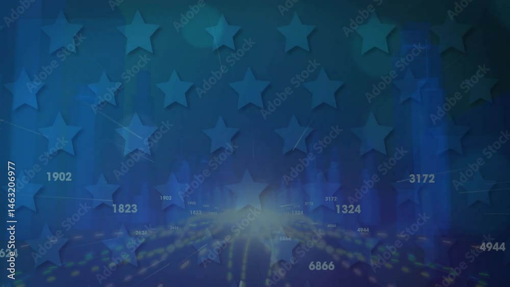Poster abstract digital interface displaying floating 3d stars, numeric labels, vertical translucent bars
