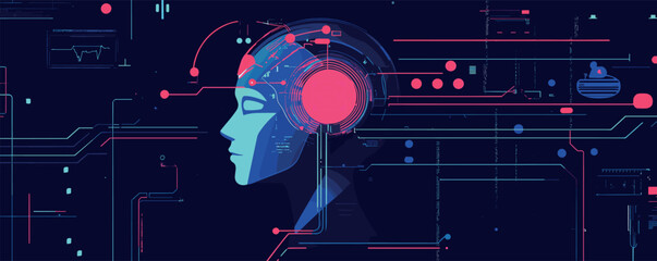Futuristic ai concept art featuring human profile and neural network connections.