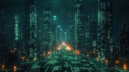 Cyberpunk Cityscape: A Futuristic Digital Metropolis at Night