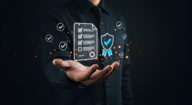 Businessman presenting digital compliance checklist and security shield icon hologram for cybersecurity and data protection certification