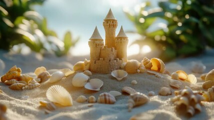 Crafting Intricate Sand Castles on a Sunlit Beach Surrounded by Seashells and Lush Greenery. Generative AI
