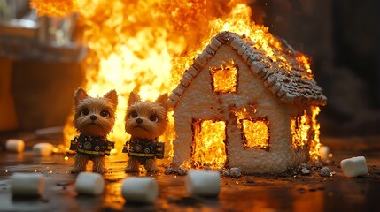 Two adorable toy firefighters stand in front of a burning gingerbread house, surrounded by marshmallows