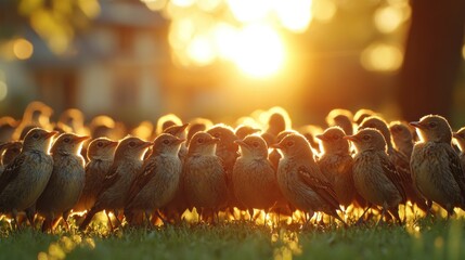 Flock of birds in golden sunlight