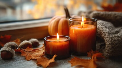 Cozy autumn scene with candles, a pumpkin, and fallen leaves by a window.