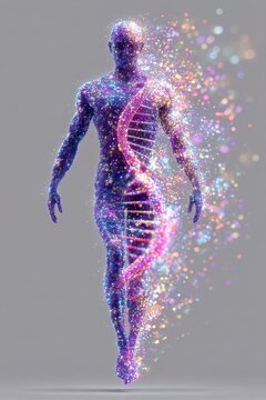 A glowing human figure with a vibrant DNA strand, composed of colorful particles, symbolizes the connection between genetics and human identity.