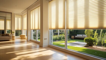 Fototapeta premium Warm Sunlit Room with Beige Pleated Window Covering 