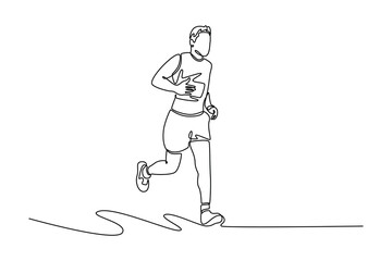 Single one line drawing male runner in a run motion, training. Speed and endurance. Concept of sport, marathon, competition, healthy lifestyle. Continuous line draw design graphic vector illustration