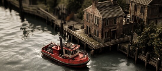 Miniature Tugboat Moored Along the Canal of a Charming Waterfront Village Replica