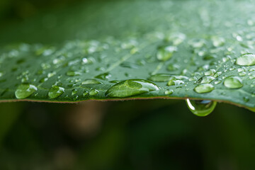 Close-up of a vibrant green leaf with raindrops enhancing its natural texture and veins
