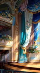 Fototapeta premium Dramatic Vintage Stage with Expressive Drapery and Floral Decor in an Elegant Setting