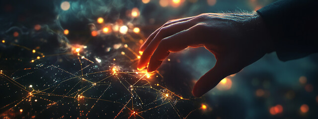 Hands touching a digital graph of a global network and data transfer on a black background, a business concept for internet technology