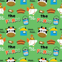 Colorful repeating pattern featuring farm animals and farm-related elements like milk, rooster, and barn for children's playful design.
