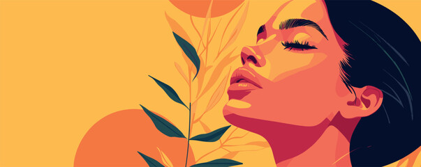 Abstract portrait of a woman with tropical leaves on bright orange background.