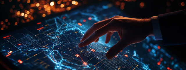 Hands touching a digital graph of a global network and data transfer on a black background, a business concept for internet technology