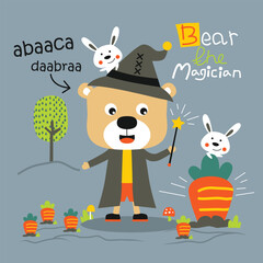 Bear magician casting a spell with rabbits and carrots in a playful and colorful design for children's magical adventure illustration.
