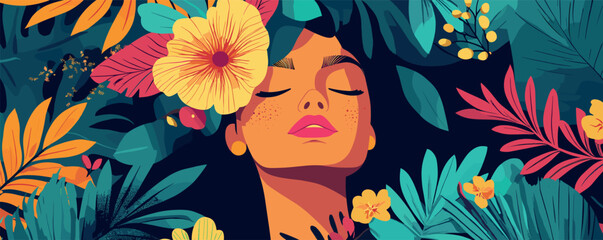 Woman in nature-inspired artistic portrait with vibrant floral elements and tropical leaves.