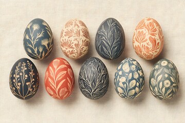 Elegant Easter Eggs: A collection of intricately patterned Easter eggs, adorned with floral and botanical motifs, showcase the artistry of a traditional crafting technique.