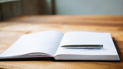 Fototapeta premium A blank notebook with white pages sits on a wooden table, illuminated by soft natural light, perfect for creative writing or sketching. Text or illustrations can be used freely.