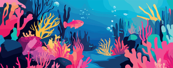 Colorful underwater scene with fish and coral reefs in vibrant ocean ecosystem.