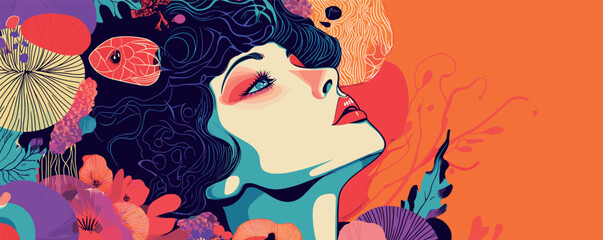 Vibrant abstract portrait of woman with colorful floral elements in bold graphic style.
