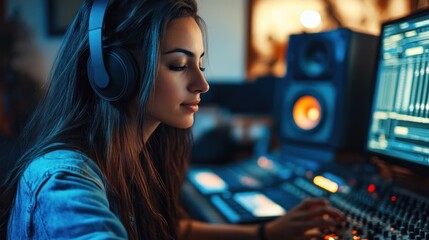 Naklejka premium Young woman mixing music in a studio with vibrant lights