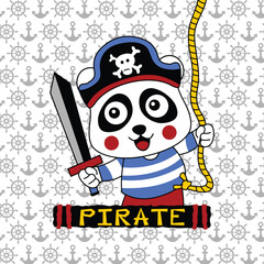 Pirate panda holding a sword and rope with nautical anchor background, playful design for children's pirate adventure illustration.
